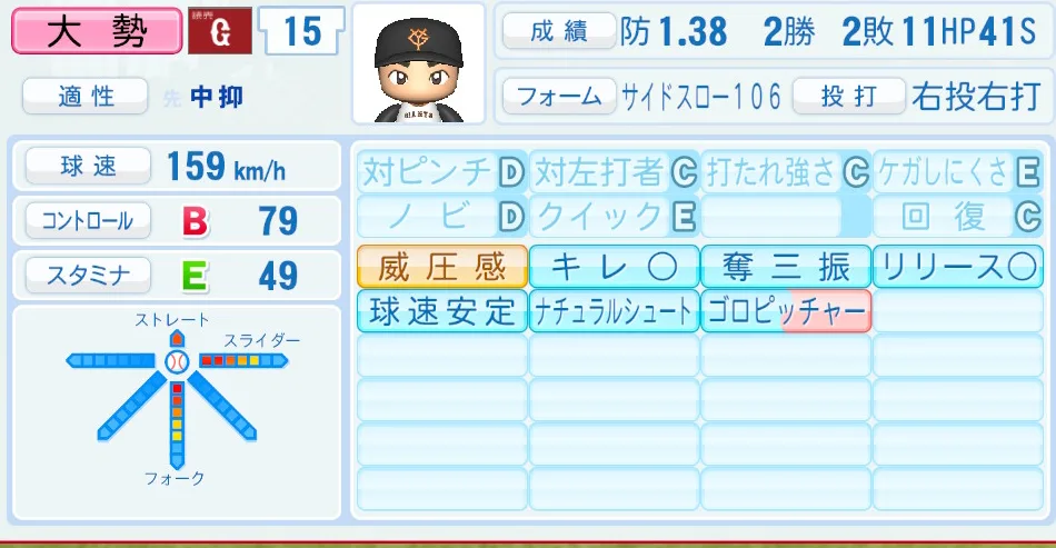 大勢(巨人)パワプロ2026の選手能力・特能
