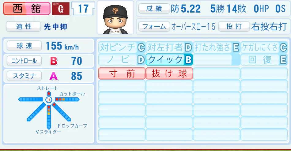 西舘(巨人)パワプロ2026の選手能力・特能