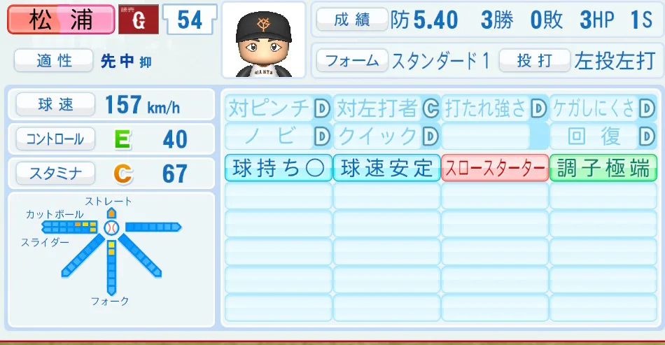 松浦(巨人)パワプロ2026の選手能力・特能