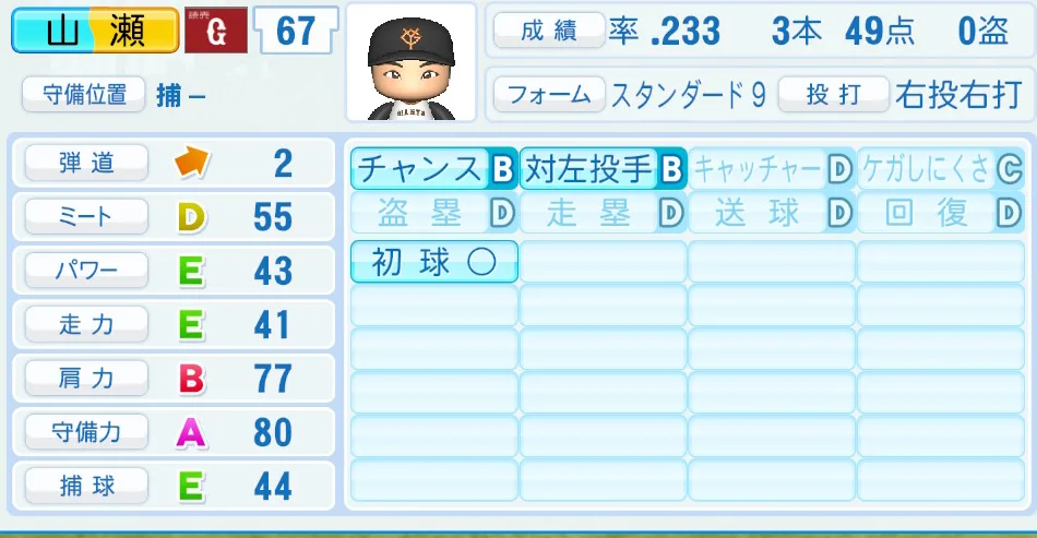 山瀬(巨人)パワプロ2026の選手能力・特能