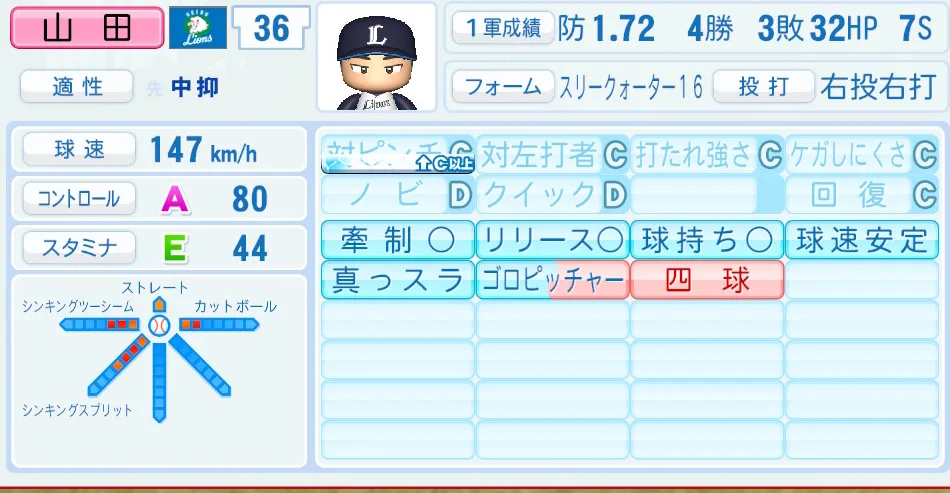 山田(西武)パワプロ2026の選手能力・特能