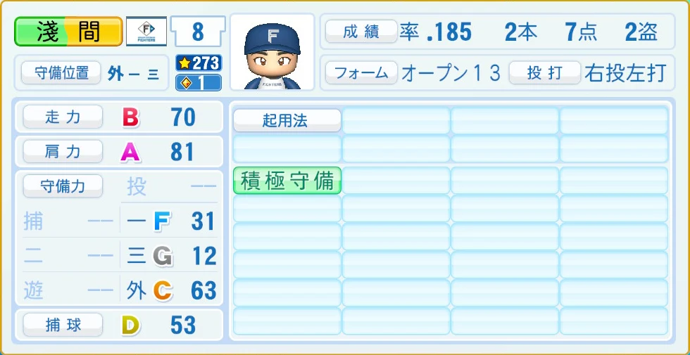 日本ハムファイターズ 淺間 守備・適性