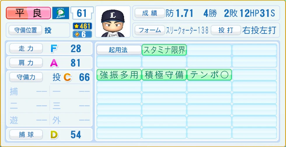 埼玉西武ライオンズ 平良 守備・適性