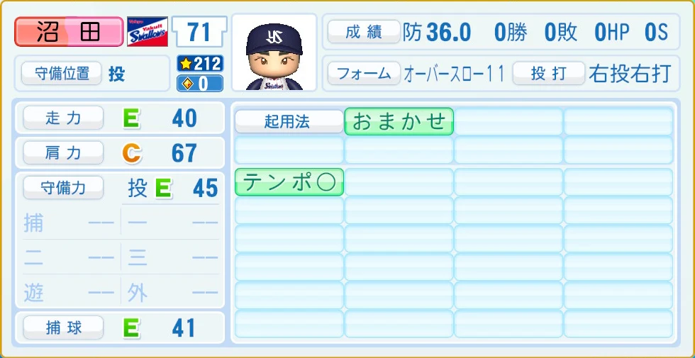 東京ヤクルトスワローズ 沼田 守備・適性